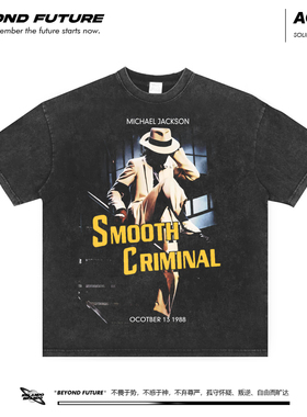 MichaelJackson杰克逊水洗做旧复古中性短袖T恤男女上衣直喷落肩