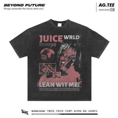 juicewrld嘻哈说唱摇滚美式音乐水洗做旧复古宽松中性短袖T恤重磅