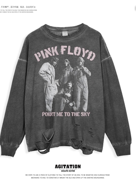 高街男女长袖oversize水洗复古做旧潮牌上PinkFloyd平克弗洛伊德
