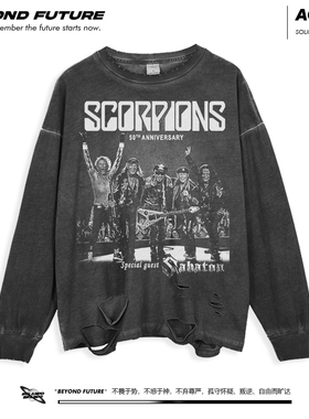 Scorpions蝎子摇滚美式水洗做旧oversize宽松潮牌破洞打底秋冬上