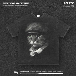 剃刀匪帮猫oversize美式嘻哈水洗做旧复古宽松中性短袖T恤上衣