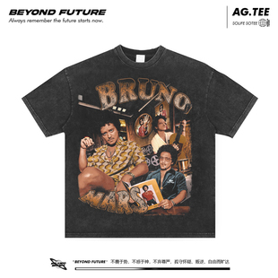 BrunoMars美式水洗做旧复古宽松数码印花男女中性短袖T恤夏季新款