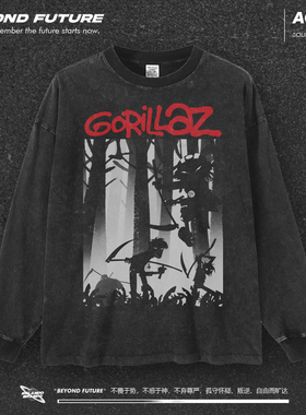 Gorillaz欧美式高街头水洗做旧复古260g宽松中性男女长袖打底潮牌