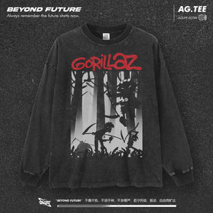 Gorillaz欧美式高街头水洗做旧复古260g宽松中性男女长袖打底潮牌