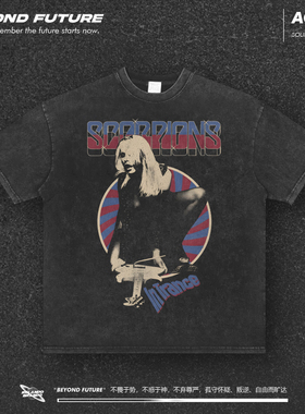 Vintage美式高街宽松中性重磅水洗做旧短袖T恤摇滚Scorpions蝎子