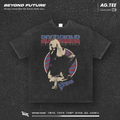 Vintage美式高街宽松中性重磅水洗做旧短袖T恤摇滚Scorpions蝎子