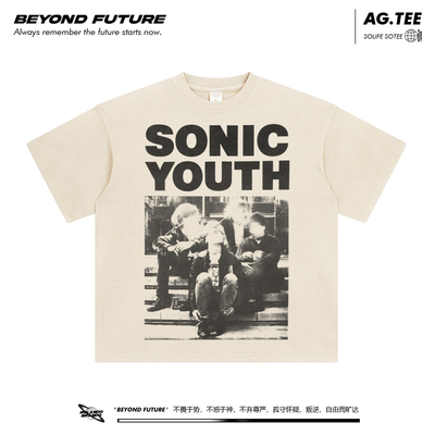 SonicYouth音速青年水洗做旧复古宽松oversize中性短袖T恤直喷