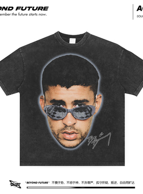 BADBUNNY宽松休闲水洗做旧美式休闲潮牌男女短袖体恤上衣新款嘻哈