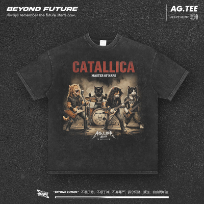 metallica猫咪水洗做旧oversize男女中性美式大码宽松T恤复古短袖