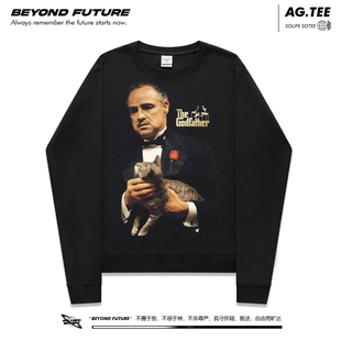 教父圆领无帽欧美卫衣新款宽松打底上衣男女套头外套潮牌新款黑色