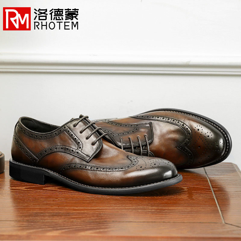 小众轻奢新款布洛克商务休闲德比鞋男士纯牛皮擦色英伦正装皮鞋男