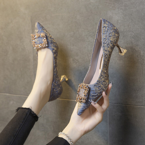 蓝色欧美复古优雅风设计感工作鞋