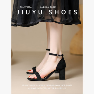 2024年新款 夏季 时装 时尚 子罗马 凉鞋 黑色中跟粗跟一字带高跟鞋 女鞋