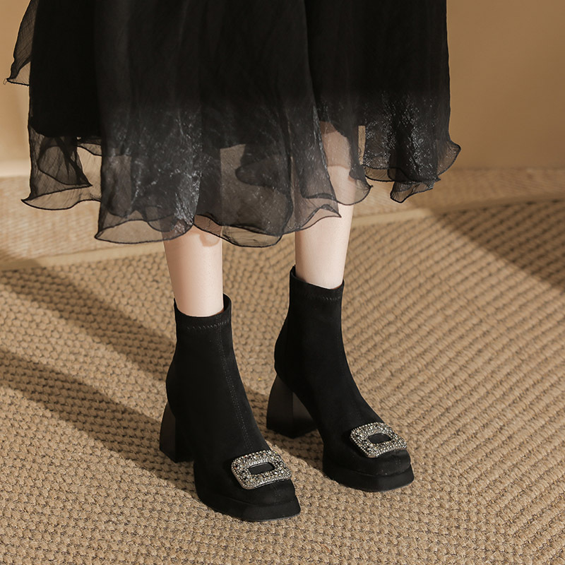 粗跟短靴方扣水钻法式女弹力绒面瘦瘦靴气质短筒秋冬女