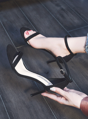 夏季2024年新款凉鞋女黑色细跟一字扣带仙女风时装网红露趾高跟鞋