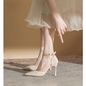 法式 女 气质名媛一字扣绑带配裙子细跟凉鞋 米白高跟鞋 女2025年新款