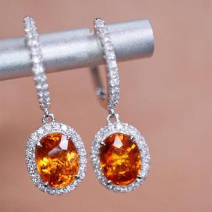 18K白金约3.35克拉天然橙黄色芬达石耳环经典 椭圆形灵动耳扣真钻