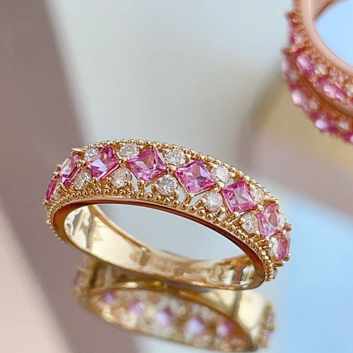 宝创集18K金约1.1克拉天然粉蓝宝石戒指精致百搭宽戒轻奢浪漫