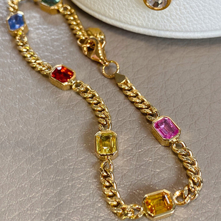 宝创集18k金约3克拉天然彩蓝宝手链古巴链条真金真钻首饰轻奢礼物