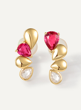 宝创集18K金镶嵌约0.712克拉天然红宝石女士双子款耳环耳坠送礼