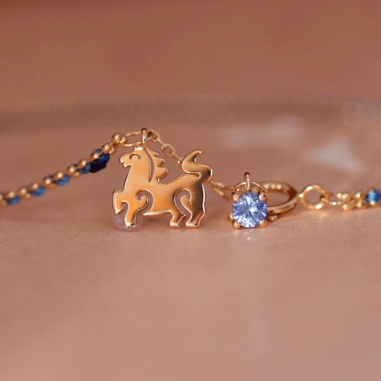 宝创集18k金镶嵌天然红宝石蓝宝石正圆切割小马手链精致轻奢款式