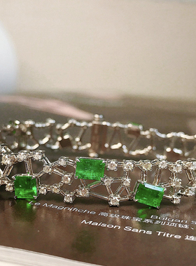 宝创集18k金镶嵌4.59克拉天然公主方祖母绿手链镂空设计真金真钻