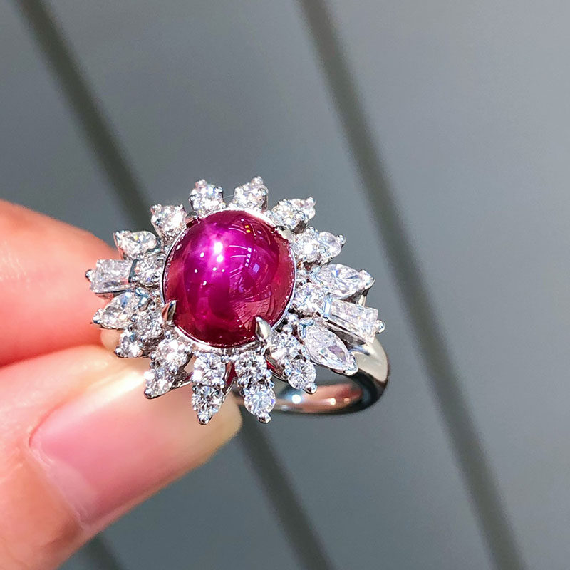 宝创集18K金镶嵌约4.92克拉天然红宝石缅甸无烧星光戒指彩宝真金