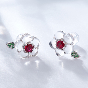 宝创集18K金0.32克拉天然鸽血红宝石耳钉花型白水晶沙弗莱彩宝耳