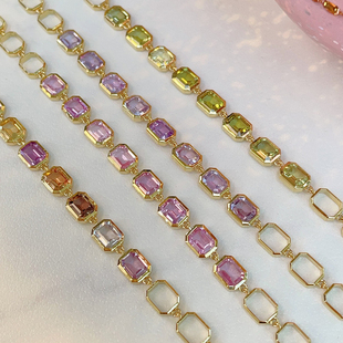 宝创集18k金约3.25克拉方形包镶彩色蓝宝手链轻奢款 真金宝石手链