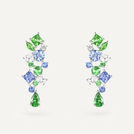 宝创集18K金镶天然彩蓝宝石沙弗莱莫奈花园小清新轻奢耳环设计款