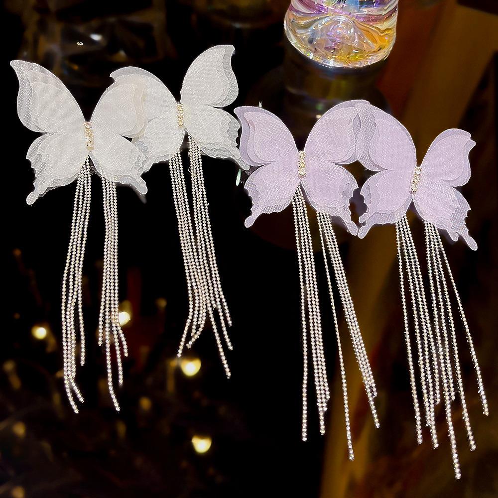 仙女气质网纱蝴蝶流苏耳环夏季高级感小众耳钉甜美气质百搭耳饰女