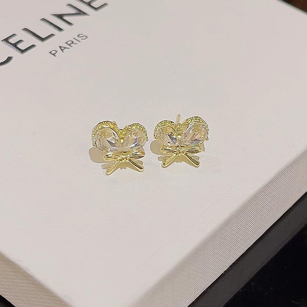 S925银针简约水滴锆石蝴蝶耳钉韩国高级感气质耳环小清新网红耳饰