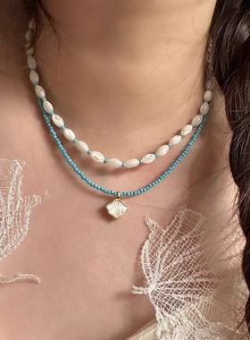 清冷贝壳蓝白贝组合夏日清爽项链