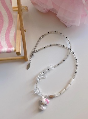 奶酪cheese黑白米珠白水晶贝母多材质混合项链  甜美俏咪手作项链