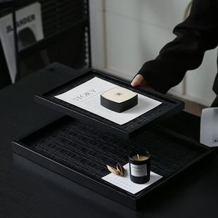 轻奢中古风木质长方形入户玄关收纳盒皮革钥匙首饰化妆护肤品托盘