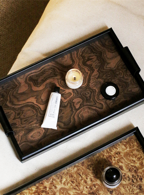 中式复古实木纹玄关钥匙收纳盒化妆护肤品香水香薰咖啡酒店托盘长