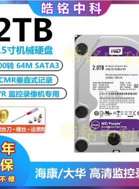 WD/西部数据2T机械硬盘录像机WD20PURX垂直3T监控紫盘4TB