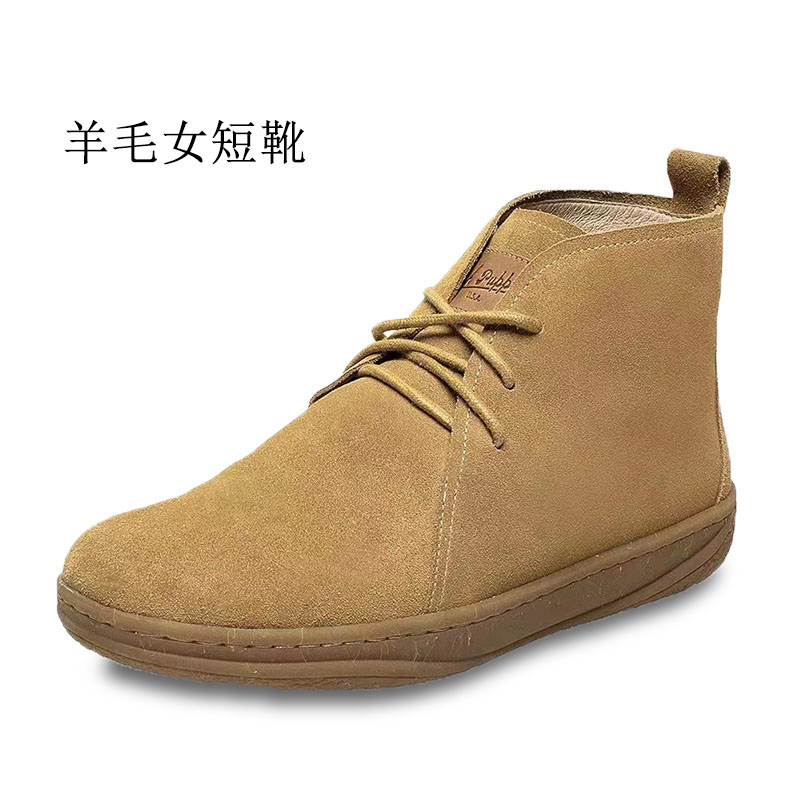真皮羊毛雪地靴女士休闲短靴舒适保暖平底棉鞋系带圆头高帮女士鞋