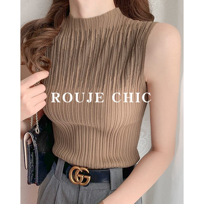 法国Rouje Chic法式设计感冰丝针织t恤背心女褶皱修身无袖吊带夏