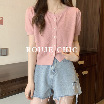 法国Rouje Chic甜美冰丝白色针织短袖t恤2023新款薄款上衣女夏季