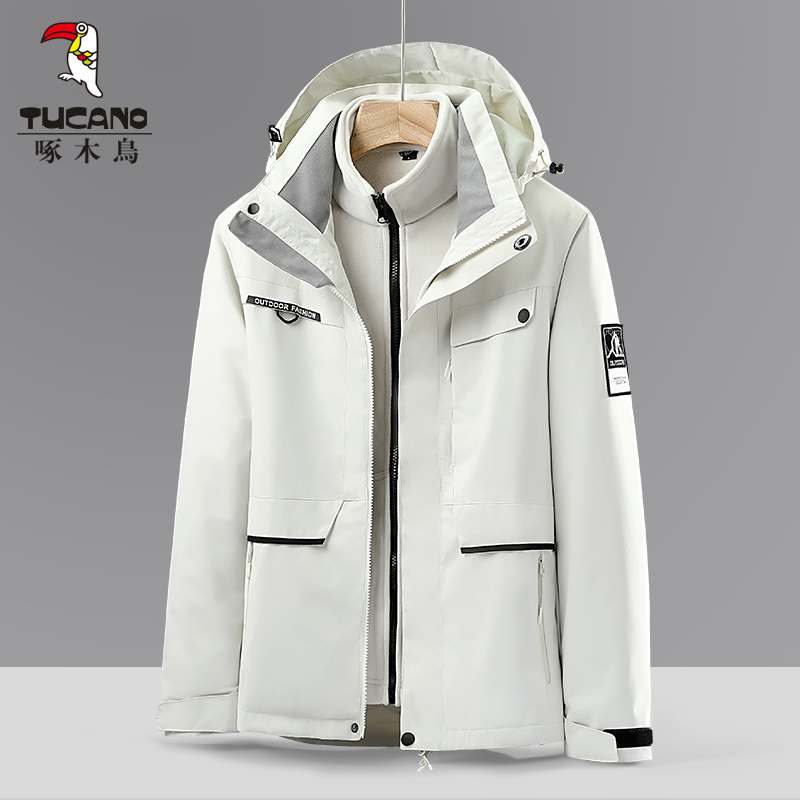 啄木鸟户外冲锋衣女三合一可拆卸2021新款加绒加厚秋冬潮牌外套男