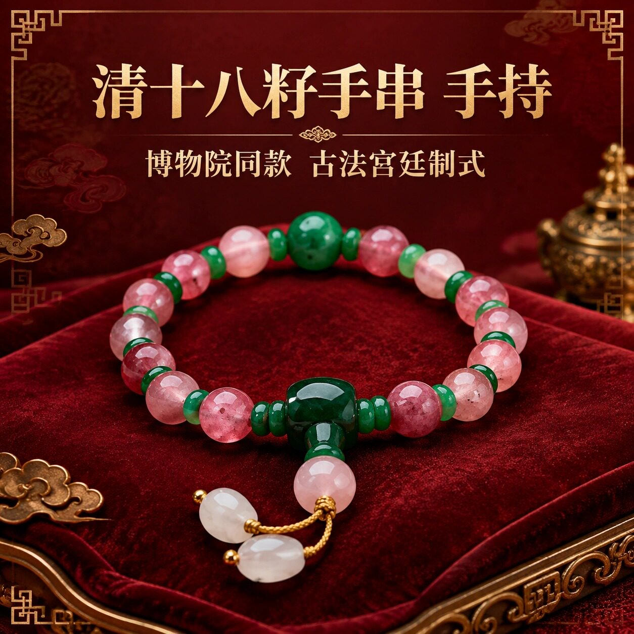 好饰集清宫十八籽粉色水晶手链