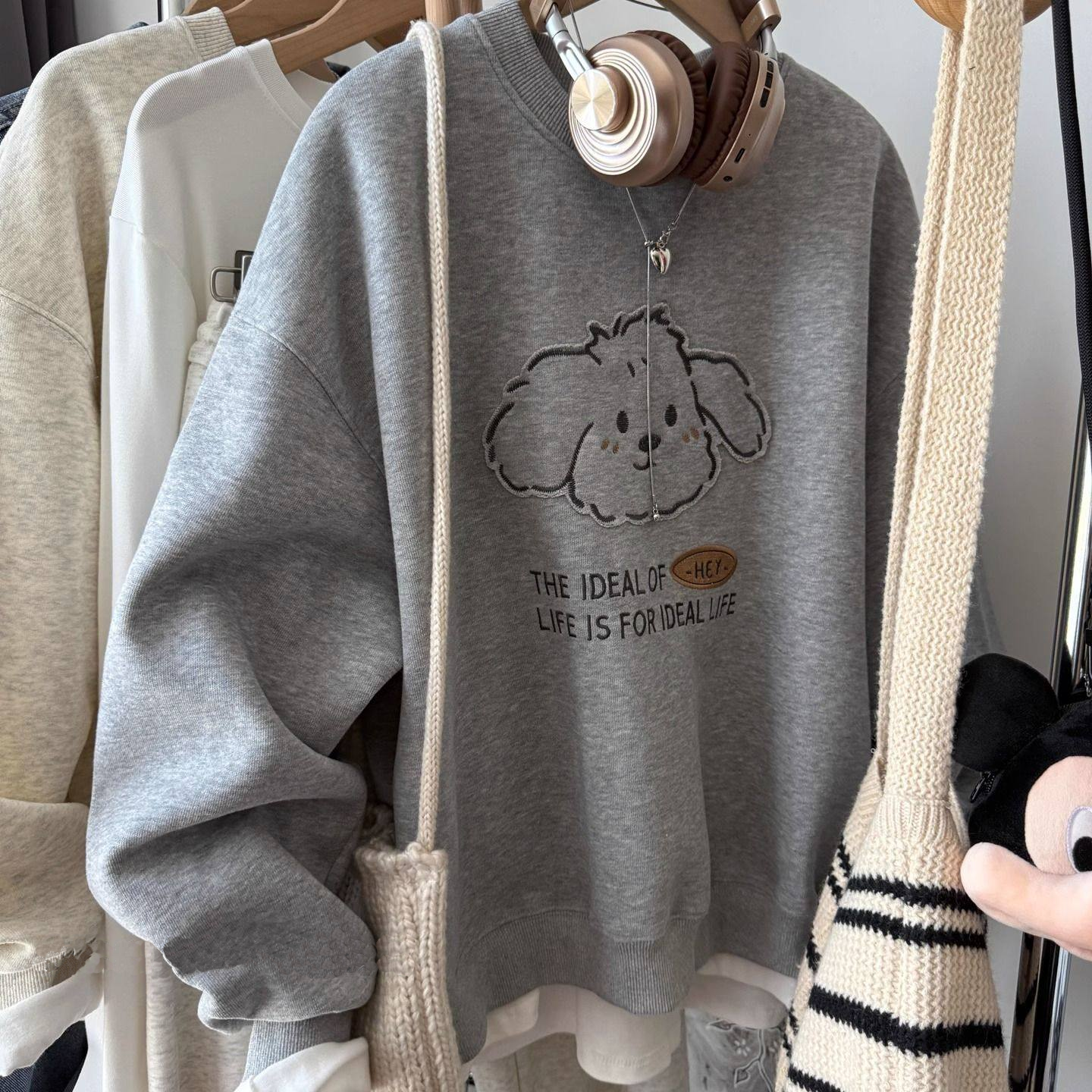 韩式小狗刺绣卫衣女宽松圆领长袖减龄百搭休闲卡通套头贴布女上衣,女装/女士精品,卫衣/绒衫,淘宝优惠券,粉丝福利购,淘宝优惠卷