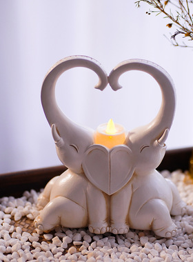 欧式发光情侣象蜡烛台摆件树脂工艺品创意家居客厅餐厅可爱动物