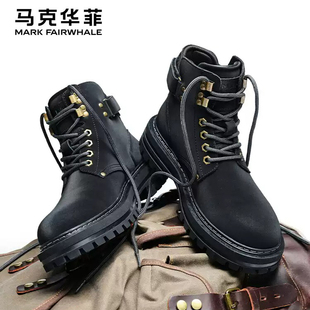 马克华菲男士中帮马丁靴冬季加绒真皮大黄靴男款英伦复古高帮工装
