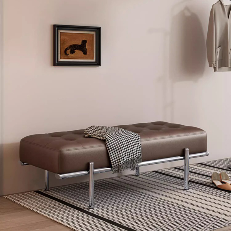 轻奢意式换鞋凳家用门口入户不锈钢设计师长条凳纳帕皮极简床尾凳