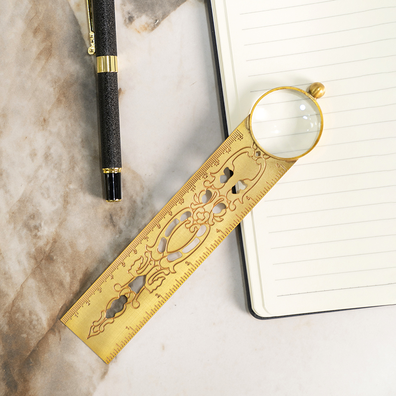 柏梵轻奢复古黄铜雕花直尺家用书房办公室创意放大镜文具铜尺子