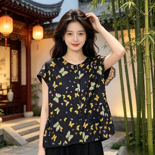 彩蝶栖墨｜满印彩蝶盘扣荷叶摆桑蚕丝上衣jyx-9028