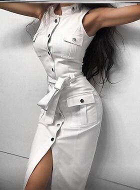 无袖纽扣绑带连衣裙女Sleeveless Button Lace-up Dress
