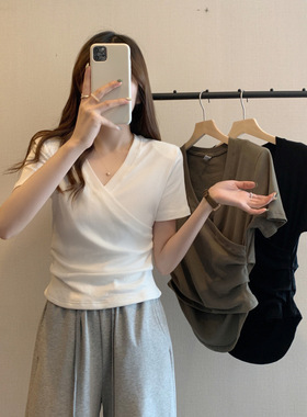 2023summer women sexy cross v neck short sleeve t shirts top